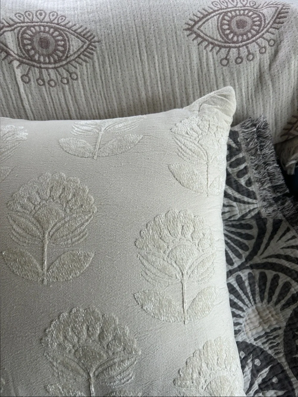 Textured Large Throw Pillow NEW! 20 x 20 Solid Natural Cream Raised Boho Floral